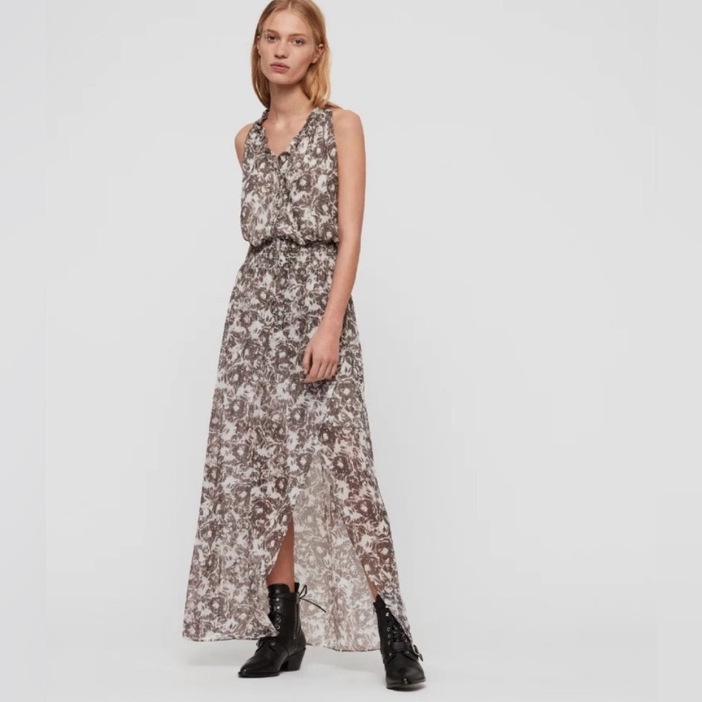 All Saints Nylah Maxi Dress in black and white gray rosa print